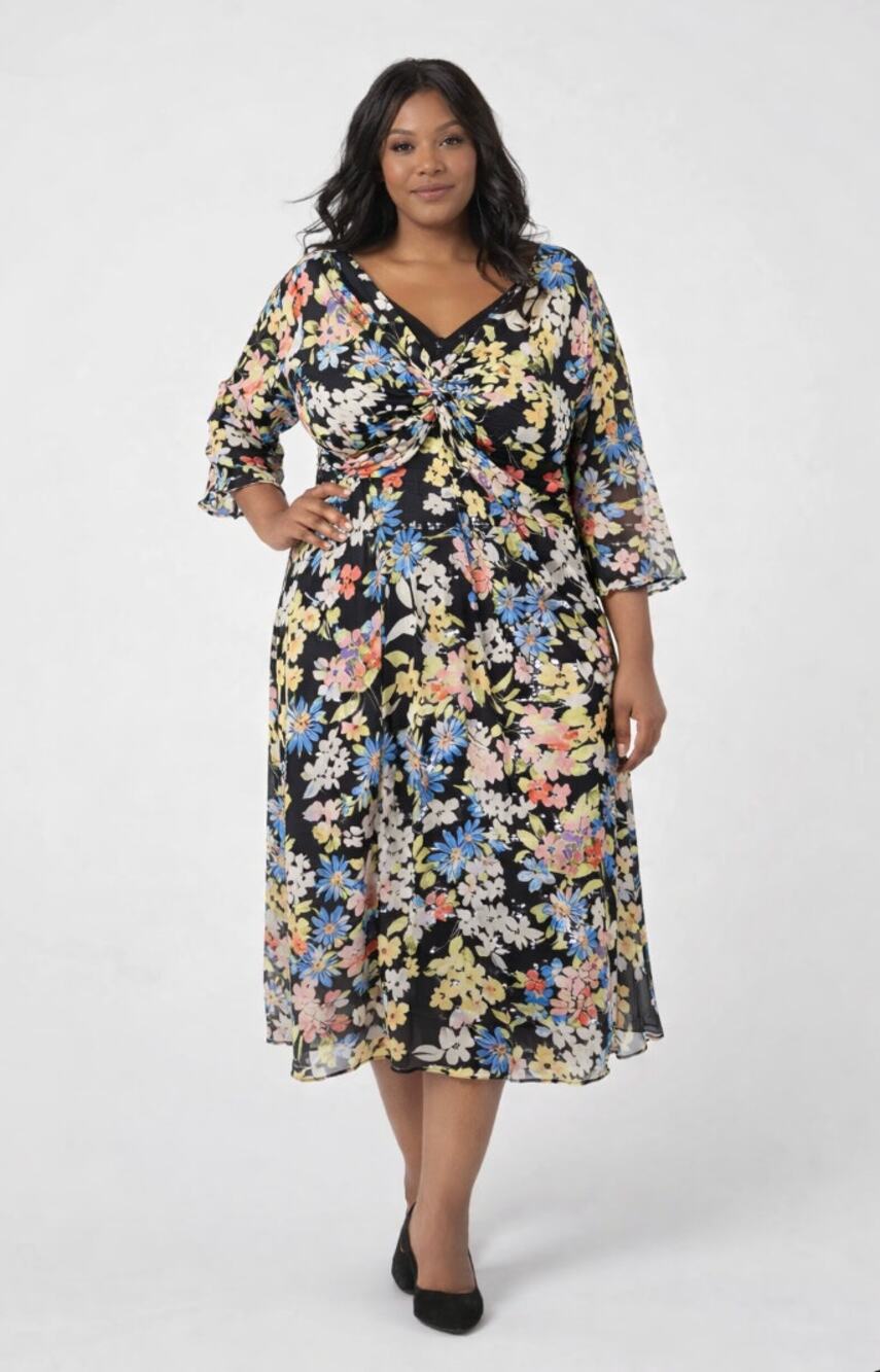 Shani Womens 14 Black Floral Twist Front Midi Dress 3/4 Sleeve Work Party